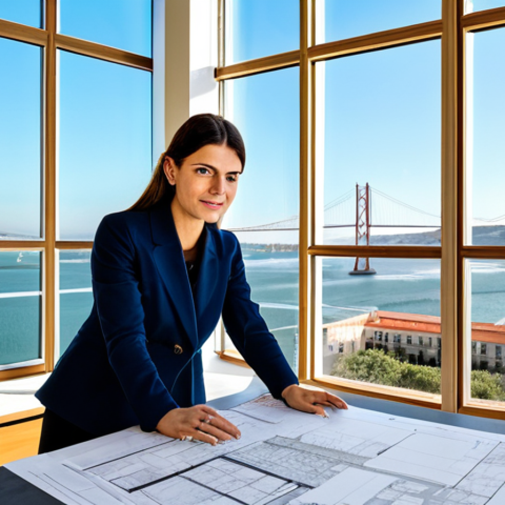 A Modern Architect's Office**
"A female architect, fully clothed in professional attire, stands in a brightly lit, modern office in Lisbon, Portugal. Large windows overlook the Tagus River. Blueprints are spread on a table in front of her. She is confidently pointing to a detail on the plans. The scene is professional and sharp, perfect anatomy, natural pose, appropriate content, safe for work, modest clothing, high quality."
**