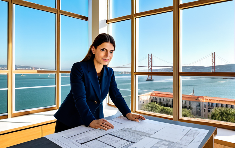 A Modern Architect's Office**
"A female architect, fully clothed in professional attire, stands in a brightly lit, modern office in Lisbon, Portugal. Large windows overlook the Tagus River. Blueprints are spread on a table in front of her. She is confidently pointing to a detail on the plans. The scene is professional and sharp, perfect anatomy, natural pose, appropriate content, safe for work, modest clothing, high quality."
**