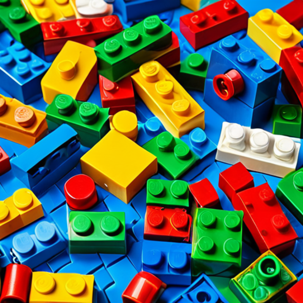레고 DIY 키트의 구성 요소 - ** A vibrant assortment of LEGO bricks in various colors and shapes, scattered playfully across a cl...