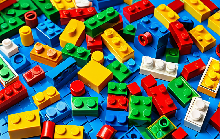 레고 DIY 키트의 구성 요소 - ** A vibrant assortment of LEGO bricks in various colors and shapes, scattered playfully across a cl...