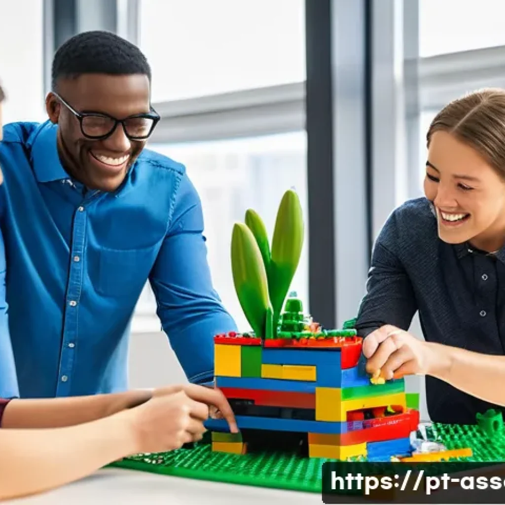 레고로 배우는 협동과 팀워크 - A diverse group of adults and teenagers collaboratively building a large, colorful LEGO structure on...