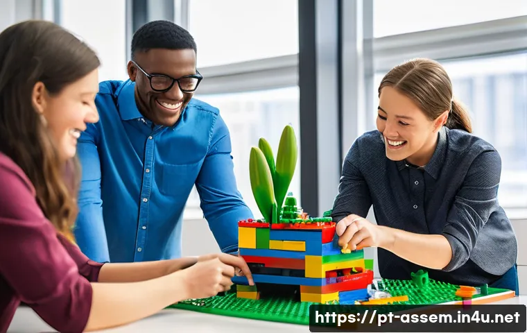 레고로 배우는 협동과 팀워크 - A diverse group of adults and teenagers collaboratively building a large, colorful LEGO structure on...