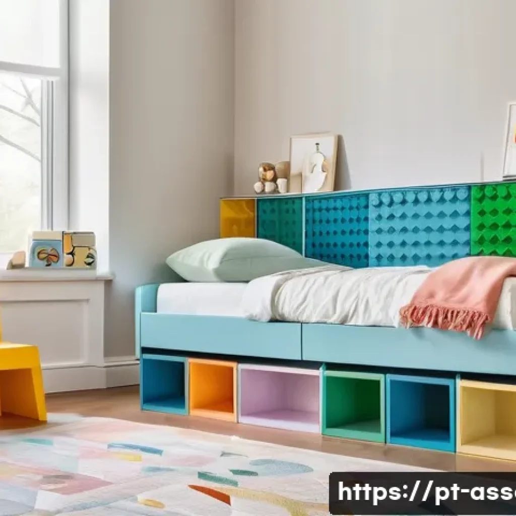 레고 DIY 가구 제작 아이디어 - A vibrant and cozy children's bedroom featuring pastel-colored LEGO block furniture, including a mod...