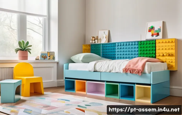 레고 DIY 가구 제작 아이디어 - A vibrant and cozy children's bedroom featuring pastel-colored LEGO block furniture, including a mod...