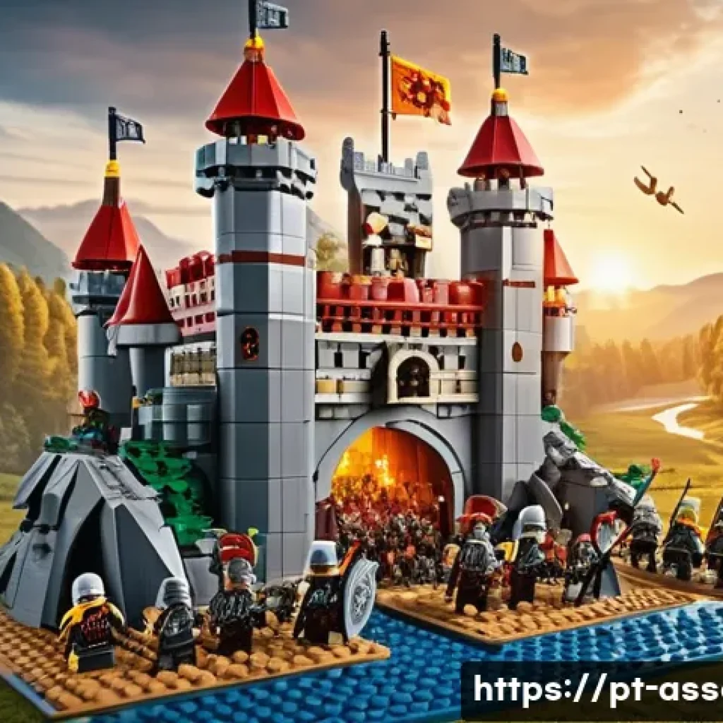 레고 브릭으로 체험하는 스토리텔링 - A vibrant and imaginative LEGO scene depicting a medieval castle under siege, with diverse LEGO mini...