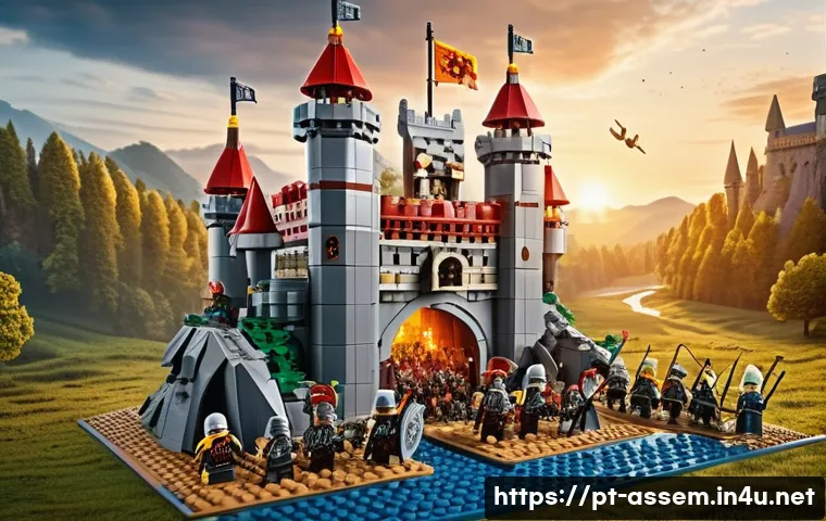 레고 브릭으로 체험하는 스토리텔링 - A vibrant and imaginative LEGO scene depicting a medieval castle under siege, with diverse LEGO mini...