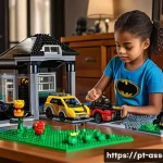 Home 22 레고 배트맨 무비 세트 - A detailed Lego Batman assembly scene showing a child wearing casual clothes and focusing intently w...