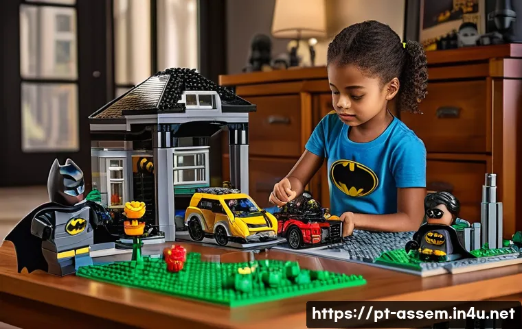 레고 배트맨 무비 세트 - A detailed Lego Batman assembly scene showing a child wearing casual clothes and focusing intently w...