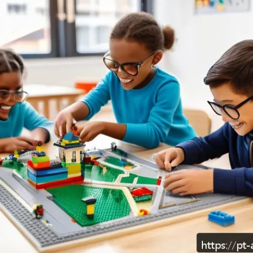 Home 33 레고와 스팀 교육의 연관성 - A diverse group of children aged 6 to 10, wearing casual clothes and safety-approved glasses, collab...