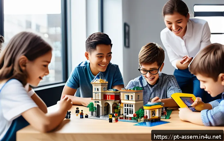 레고 테마 세트 제작 비하인드 - A vibrant LEGO creative studio scene showcasing a diverse team of designers and engineers collaborat...