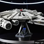 Home 23 레고 인기 제품 품절 예측 - A highly detailed scene showcasing the LEGO Star Wars UCS Millennium Falcon set, emphasizing its int...