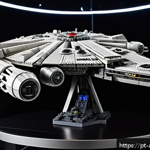 Home 17 레고 인기 제품 품절 예측 - A highly detailed scene showcasing the LEGO Star Wars UCS Millennium Falcon set, emphasizing its int...