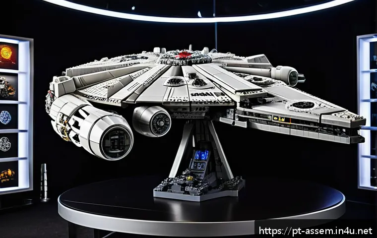 레고 인기 제품 품절 예측 - A highly detailed scene showcasing the LEGO Star Wars UCS Millennium Falcon set, emphasizing its int...