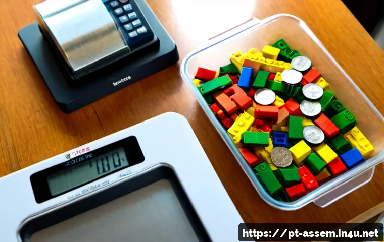 레고 브릭 가격 계산법 - Photorealistic overhead scene of colorful interlocking toy bricks sorted into small transparent tray...