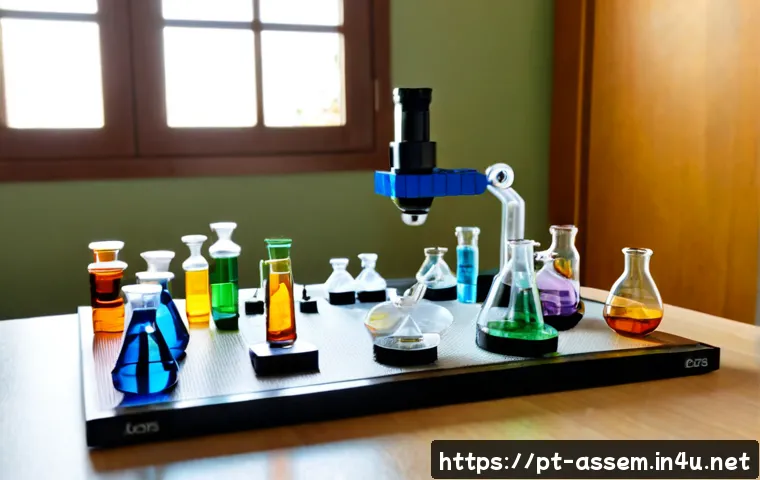 레고 여성 과학자 시리즈 - Photorealistic tabletop scene of diverse women scientist miniature figures assembled from colorful i...