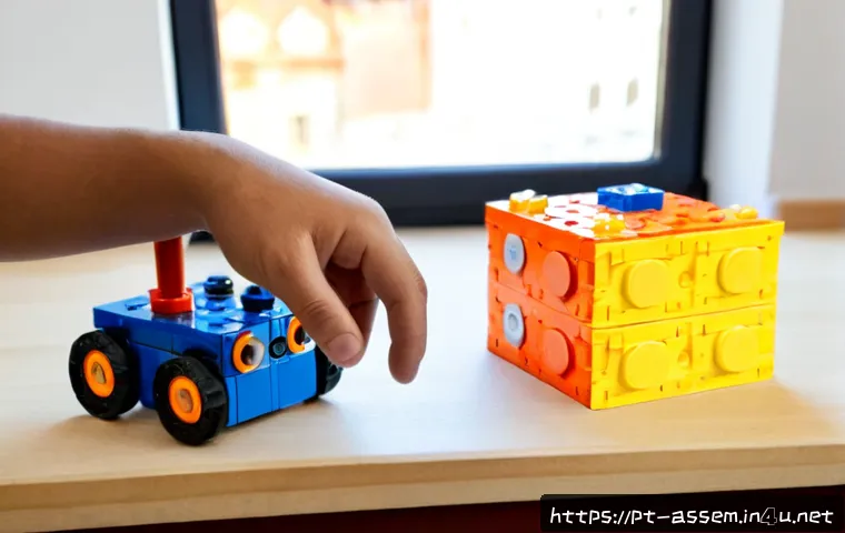 레고와 마인드스톰의 차이 - Photorealistic side-by-side comparison on a bright family workshop table: simple colorful interlocki...