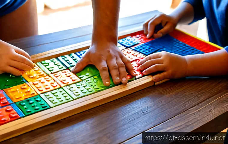 Home 17 레고 DIY 조립 플랫폼 - Photorealistic close-up of a Portuguese family assembling a colorful interlocking brick DIY platform...